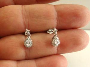TEARDROP DANGLING STUD EARRINGS W/ LAB SIMULATED DIAMONDS/ 925 STERLING SILVER 