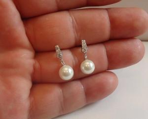 925 STERLING SILVER DESIGNER DANGLING PEARL STUD EARRINGS W/ LAB CREATED DIAMOND