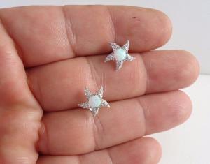 925 STERLING SILVER STARFISH STUD EARRINGS 1.50 LAB CREATED DIAMONDS/OPAL 13MM