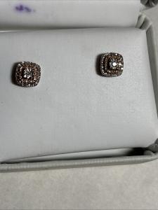 Double Halo Stud Earrings 1/5 ct Diamonds Sterling Silver & Rose Gold Tiered