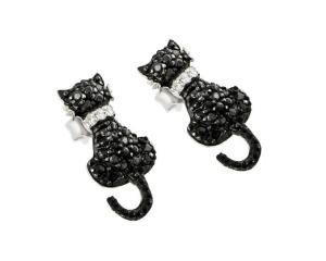 925 STERLING SILVER CAT SHAPE STUD EARRINGS W/ BLACK & WHITE SIMULATED DIAMONDS