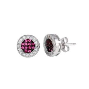 HALO STUD EARRINGS W/ LAB SIMULATED DIAMONDS & RUBY GEMS /925 STERLING SILVER 