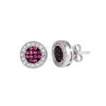 HALO STUD EARRINGS W/ LAB SIMULATED DIAMONDS & RUBY GEMS /925 STERLING SILVER 