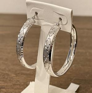 .925 Sterling Silver 4cm Diamond Cut Hollow Hoop Earrings
