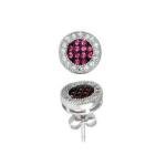 HALO STUD EARRINGS W/ LAB SIMULATED DIAMONDS & RUBY GEMS /925 STERLING SILVER 