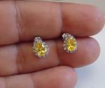 925 STERLING SILVER TEARDROP STUD EARRINGS W/ 2 CT YELLOW & WHITE LAB DIAMONDS