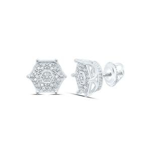 925 Sterling Silver Genuine Diamond 11mm 3D Cluster Hexagon Stud Earrings 1/6 CT