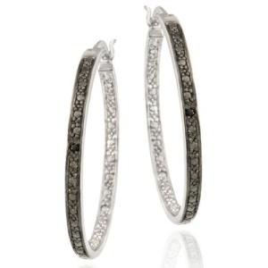 925 Silver Black Diamond Accent Hoop Earrings