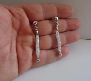 DANGLING EARRINGS W/ LOOSE LAB DIAMONDS INSIDE A MESH/ 925 STERLING SILVER 