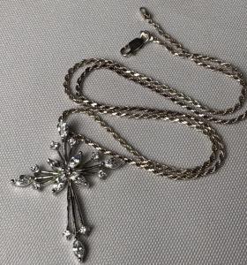 Sterling Silver Large Cross Pendant Diamond Rhinestones Sterling Chain Necklace