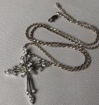 Sterling Silver Large Cross Pendant Diamond Rhinestones Sterling Chain Necklace