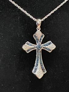 JTV Sterling Silver Blue Diamond Cross Pendant Necklace 
