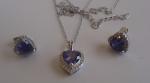  925 STERLING SILVER NECKLACE PENDANT & EARRING LAB CREATED  DIAMOND/TANZANITE