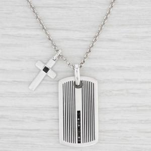 New Cross Dog Tag Pendant Necklace Black Diamonds Sterling Silver 21.5"