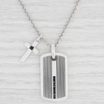 New Cross Dog Tag Pendant Necklace Black Diamonds Sterling Silver 21.5"