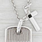 New Cross Dog Tag Pendant Necklace Black Diamonds Sterling Silver 21.5"