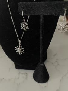 Diamond Sterling Silver Snowflake Pendant Earrings Set 925 Necklace