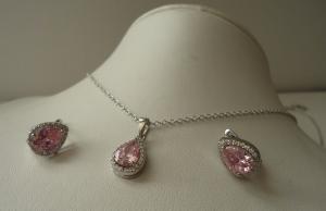 PENDANT & EARRING SET PINK / WHITE LAB CREATED DIAMONDS 925 STERLING SILVER 