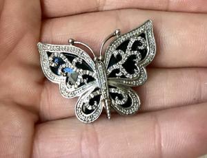 Pave Diamonds Set In Butterfly Ornate Slide Pendant Sterling Silver JewelryVntg