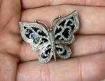 Pave Diamonds Set In Butterfly Ornate Slide Pendant Sterling Silver JewelryVntg