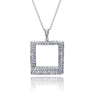 OPEN SQUARE NECKLACE PENDANT SIMULATE DIAMONDS / 925 STERLING SILVER 18'' CHAIN 