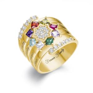 Personalized Gold Mother Name Ring with Birthstones