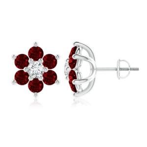 Natural Ruby Diamond Flower Stud Earrings for Women