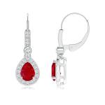 Ruby and Diamond Halo Drop Earrings in White Gold