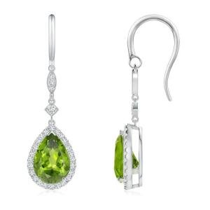 Peridot Drop Earrings with Diamond Halo in Platinum