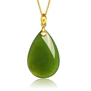 ZHOU LIU FU 24K Solid Gold Pendant Real Pure Gold Green Nephrite Jade Drop Pendant Dainty Jewelry for Women Her Lover Mom Anniversary (Not Include Necklace)