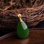 ZHOU LIU FU 24K Solid Gold Pendant Real Pure Gold Green Nephrite Jade Drop Pendant Dainty Jewelry for Women Her Lover Mom Anniversary (Not Include Necklace)
