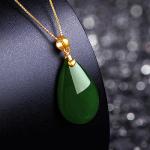 ZHOU LIU FU 24K Solid Gold Pendant Real Pure Gold Green Nephrite Jade Drop Pendant Dainty Jewelry for Women Her Lover Mom Anniversary (Not Include Necklace)