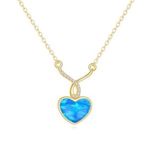 DOVRAN 14K Solid Gold Opal Necklace for Women Gold Heart Jewelry Gift for Women (heart-blue opal)