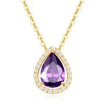 FANCIME 14K Yellow Gold Amethyst Necklace Halo Teardrop Natural Amethyst Gemstone Pendent with Moissanite, February Birthstone Wedding Gift for Women Her