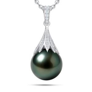 Natural Tahitian Black Pearl Necklace 12-13mm - Christmas Gift for Women Wife, Mom, daughter, Jewelry Gifts for Wedding Anniversary Birthday, Seawater Pearl with Sterling Silver Moissanite Pendant