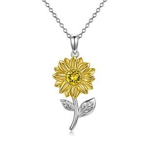14ct Solid Gold Sunflower Necklace for Women, You Are My Sunshine Yellow Gold Sunflower Pendant with Crystal Birthday Anniversary Jewelry Gifts for Mom, Wife, Sister 16"+2"