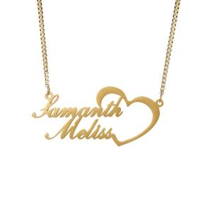 Vavacoy Solid 10k/14k/18k Name Necklace Personalized Nameplate Letters Adjustable Pendant Necklace for Women Birthday/Engagement/Anniversary/Christmas Jewelry Gifts for Her (KX041-2 Names & Heart)