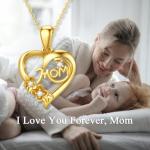 14K Solid Gold Mom Heart Necklace for Women, I Love You Mom Real Gold Love Heart Flower Pendant Mother Jewelry Anniversary Christmas Gift for Mother, Wife 16-18 Inch