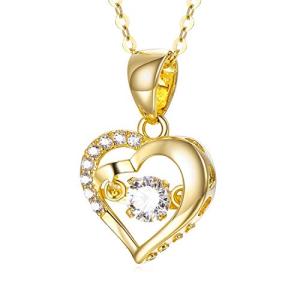 18K Solid Gold Heart Necklace for Women, Yellow Gold Dancing Gemstone Love Heart Pendant Jewelry Anniversary Birthday Gift for Women, 18"