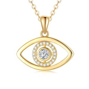 14K Solid Gold Evil Eye Necklace for Women, Yellow Gold Evil Eye Pendant Lucky Protection Jewelry Gift for Her, Wife, Mother 18"