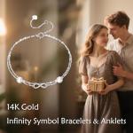 SISGEM 14k White Gold 0.15 Carat Lab Grown Diamond Infinity Anklet, Pearl Layered Ankle Bracelets for Women, 9.4-11 Inches