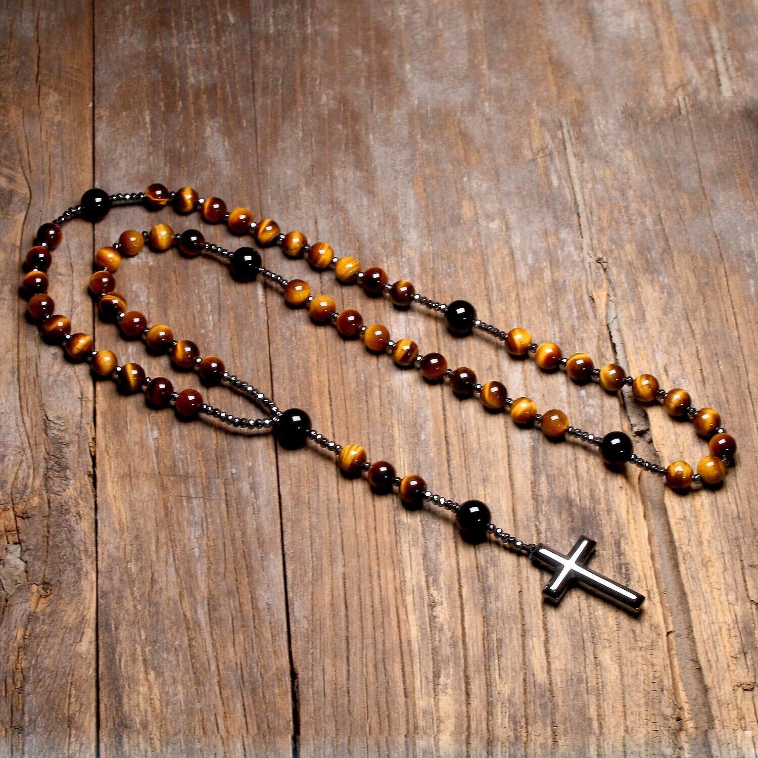 Tiger's Eye Rosary Beads with Hematite Cross Pendant