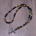 Tiger Eye Turquoise Mala Necklace with Hematite Cross