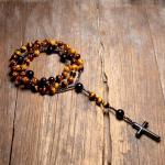 Tiger's Eye Rosary Beads with Hematite Cross Pendant