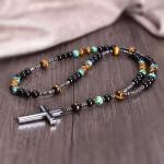 Tiger Eye Turquoise Mala Necklace with Hematite Cross