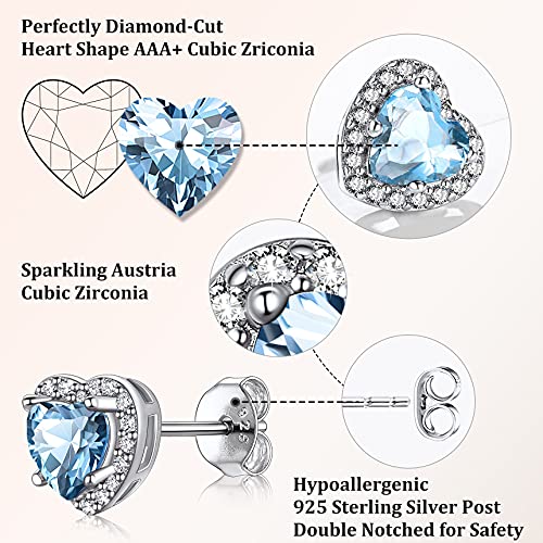 March Aquamarine Birthstone Heart Earrings, Hypoallergenic Sterling Silver