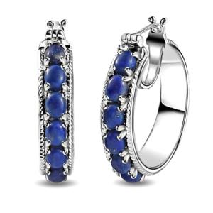 Platinum Plated Blue Lapis Hoop Earrings for Women