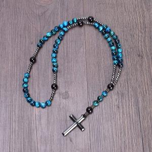 Blue Tiger's Eye Obsidian Necklace with Hematite Cross