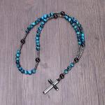 Blue Tiger's Eye Obsidian Necklace with Hematite Cross