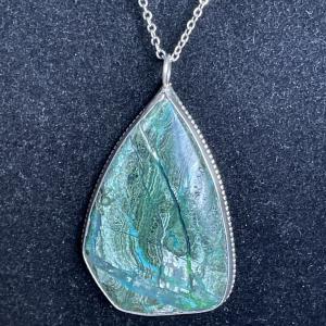 70's Sterling Silver Malachite Chrysocolla Pendant 2" Necklace